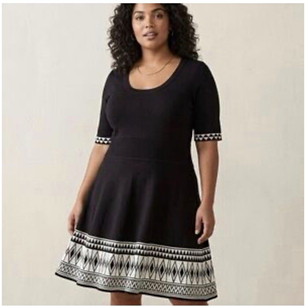 Xhilaration Black White Geometric A-Line Scoop Neck 3/4 Sleeve Dress 2XL